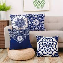 4 Peças, Capas de Almofada Estampa Floral Botânica Azul Marinho e Branca de Poliéster, Capas de Almofada Clássicas Vintage Boêmias, Capas de Almofada Decorativas 45*45 cm/17,71"x17,71", Adequadas para Decoração de Sala de Estar, Quarto, Sofá, Cama