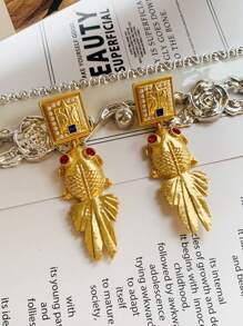 1 对复古时尚独特金鱼设计电镀吊坠耳环，适合女性日常、节日佩戴、珠宝配饰礼物 - 耳環 - 查看 7