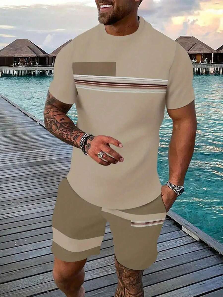 Men's Casual Sports Set, Summer 3D Printed T-Shirt And Shorts, Breathable Mesh Fabric - 杏色 - 查看 1