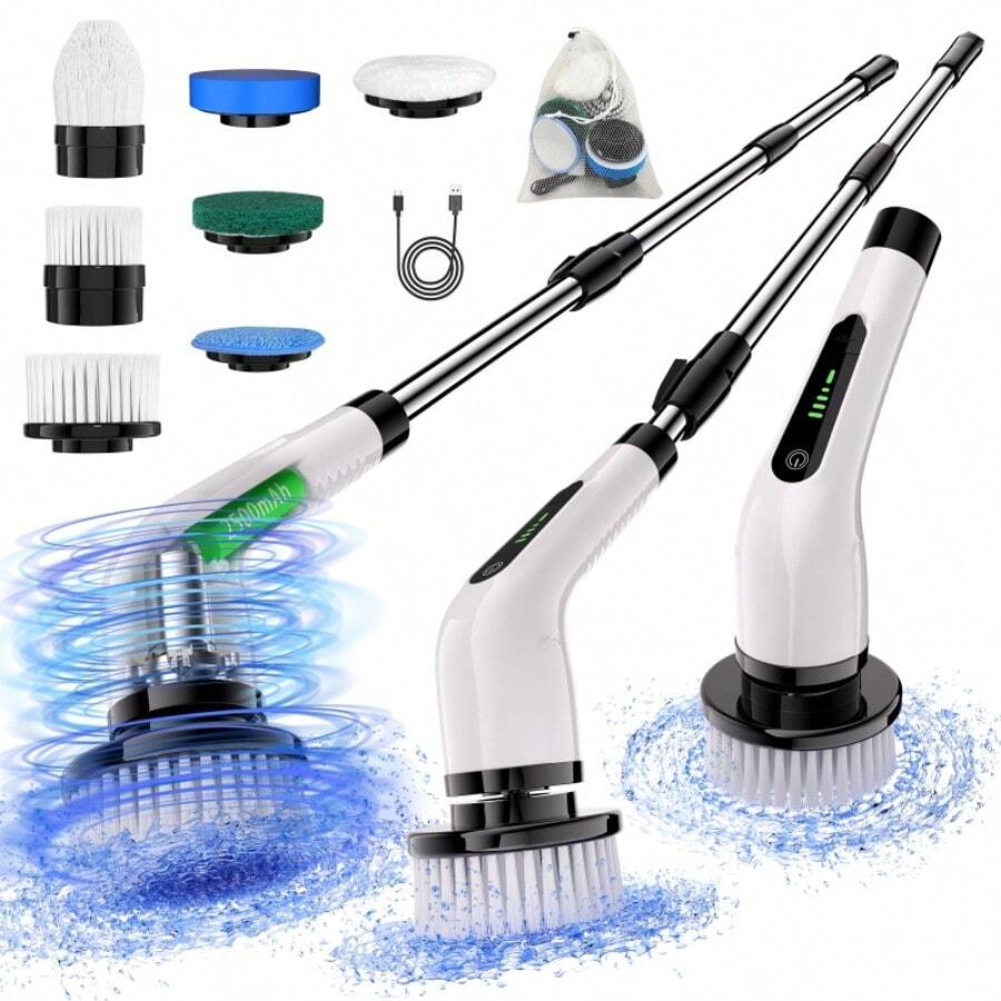 Electric Rotary Cleaner, An Electric Rotary Cleaner With A 5-Cell Battery Indicator Light, An Electric Cleaning Brush Equipped With 7 Different Replacement Brush Heads And A Detachable Telescopic Rod, An Electric Bathroom Cleaner Suitable For Floors, Tiles, Kitchens, Bathtubs, Cars, And Living Rooms. - trắng - Xem 1