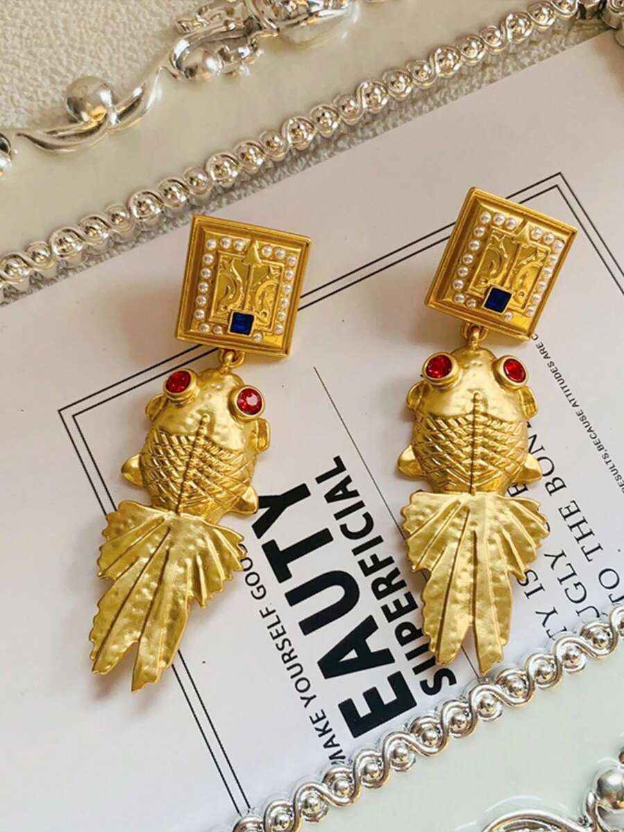 1 对复古时尚独特金鱼设计电镀吊坠耳环，适合女性日常、节日佩戴、珠宝配饰礼物 - 耳環 - 查看 1