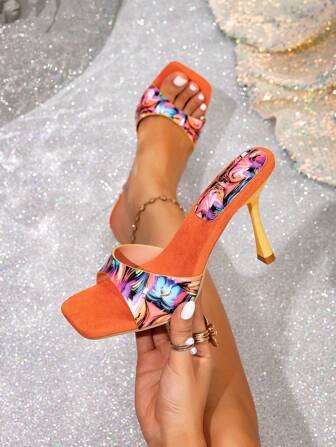 Women's High Heel Slippers For Outdoor Wear, 2025 New Summer Square Toe Slip-On Elegant Ladies Heeled Sandals, Simple Style, Slim Heel, Comfortable And Versatile, Suitable For Dresses