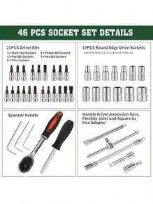 1pc 46pcs Auto Repair Tool Set, Ratchet Wrench Socket Tool Kit With Mixed Bits, Hardware Tools