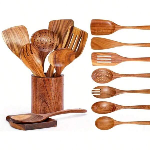 Juego de 7 piezas de utensilios de cocina de madera de teca premium - Incluye cuchara, espátula, soporte de acero - Herramientas de cocina, apropiadas para reuniones familiares y fiestas