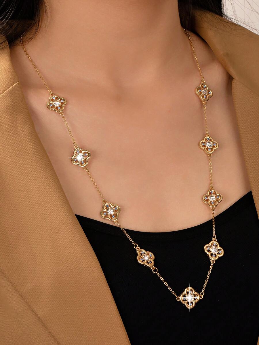 1 pendentif trèfle ajouré avec une longue chaîne, collier élégant et vintage pour femmes dans un style européen et américain