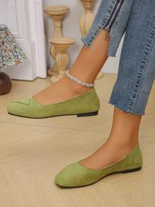 Spring/Autumn New Casual Slip-On Square Toe Flat Shoes, Versatile Outdoor Loafers, Large Sizes 36-43, Fashionable & Comfortable Suede Flat Shoes, Dusty Green