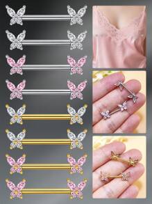 CIZME 1 Set 2pcs Nipple Rings Nipple Piercing Jewelry Nipple Rings Straight Barbells, Stainless Steel Silver Gold Butterfly Body Piercing Jewelry Nipple Piercing Barbell For Women With White Pink CZ Nipple Barbell