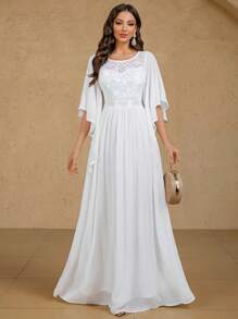 MIUSOL Elegant Sequin Floral Lace Butterfly Sleeve Chiffon Pleated Hem Wedding Maxi Dress, Formal Evening Gown, Party Dress, Wedding Guest Dress