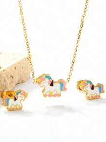 Set de collier et boucles d'oreilles en acier inoxydable pour femmes, avec gouttes de couleurs douces, poney mélangé et papillons. Bijoux personnalisés créatifs, cadeau idéal pour l'été