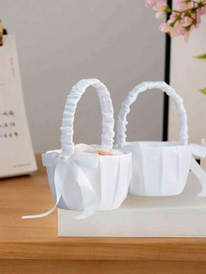 1pc/2PCS Wedding Flower Baskets, Satin Bowknot Flower Baskets Pearl Collection