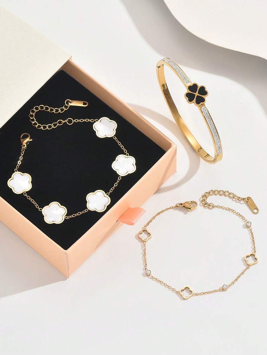 1pc Stainless Steel Four Leaf Clover Bracelet, Minimalist And Fashion, Suitable For Various Occasions - Yellow Gold - View 1