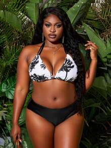 Slaydiva Summer Beach Plus Coconut Tree Print Halter Triangle Bikini Top - Black and White - View 4