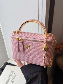 1 件黑色休闲百搭手提包，时尚刺绣格纹面料，适合上班时携带手机、口红、硬币 - 粉色 - 查看 9