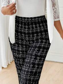 SHEIN Lady 夏季优雅女式格子印花弹力针织裤，适合各种场合，适合暑假、优雅旅行和日常通勤工作/办公室商务休闲女工作服女办公室服装女工作裤商务休闲商务女装职业女装 - 黑與白 - 查看 6