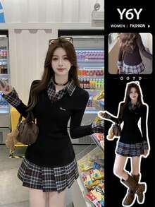 Y6Y 黑色二合一设计，Polo领学院风OL休闲长袖衬衫裙，褶裥短裙，适合秋冬季优雅春季穿着 - 黑色 - 查看 3