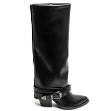 Women's Plain Pointed Toe Zipper Fashion Mid-Calf Boots With Buckle - Black - View 4