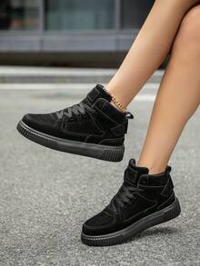 (Runs Small) Women's Retro Khaki Lace-Up High Top Skate Shoes, Simple Versatile Outdoor Hiking Plus Size Sneakers - Black - View 3