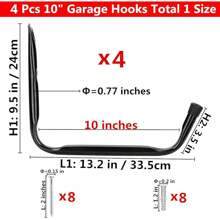 Heavy Duty Giant Garage Storage Hook Wall Mounted Utility Hanging Rack For Surfboard, Ladder, Kayak (4 Pcs Black 10" J Hook)