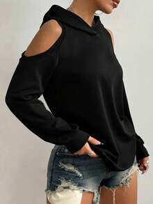 Plus Size Women's Solid Color Open Shoulder Long Hoodie Sweatshirt Spring Black - Black - View 3