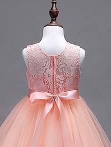 Flower Girls Vintage Lace Wedding Maxi Dress Floor Length Bridesmaid Party Long Pageant Princess Communion Boho Dance Gown - 粉色 - 查看 5