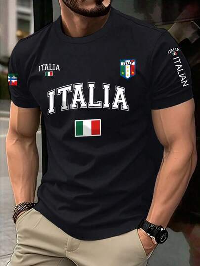 意大利国旗印花短袖 T 恤，圆领运动 T 恤，男女通用时尚情侣装，夏季派对，休闲旅行
