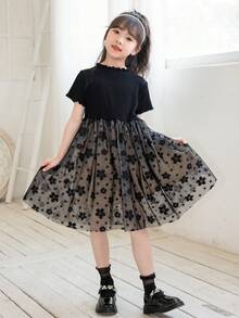 Vestido corto de manga corta de tul para niñas, verano - Negro - Ver 3