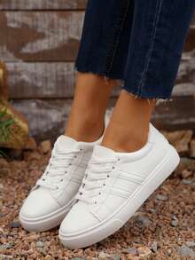 女式新款户外休闲徒步百搭条纹系带圆头黑色运动鞋