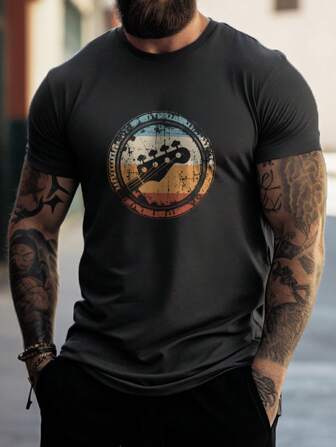 男士夏季短袖休闲圆领T恤肌肉锻炼T恤吉他音乐、摇滚艺术印花男友风格休闲装春秋季户外运动服健身房健美上衣