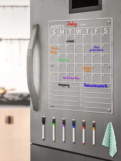 1pc A3 Size Transparent Acrylic Monthly Planner Board (Comes With 6 Magnetic Whiteboard Markers And 1 Random Color Eraser Cloth), 6-Hole Magnetic Acrylic Board, 3D Magnetic Acrylic Fridge Sticker, Handwritten Memo Board, Rewritable Weekly/Monthly Planner