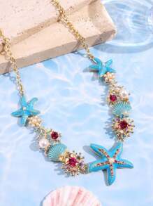 1pc Fashionable, Exquisite, Lively, Creative, Cute, Unique, Glittering, Colorful, Boho Style, Navy Blue Starfish & Shell Necklace, Women's Summer Beach Holiday, Daily Party Festival Jewelry