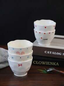 1pc/5pcs Cute Cartoon Heart & Bow Handle Ceramic Mugs, Family Gathering Tableware, Breakfast Milk Cup, Afternoon Tea Coffee Cup, Holiday Souvenir, Birthday Gift Back To School