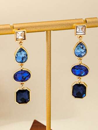 1 paire de boucles d'oreilles à gland en verre carré à goutte d'eau colorées et glamour, convient pour le port quotidien et festif des femmes