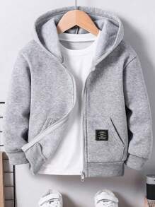 Tween Boy Solid Color Letter Graphic Zip-Up Hoodie Sweatshirt With Pockets, Warm Lining