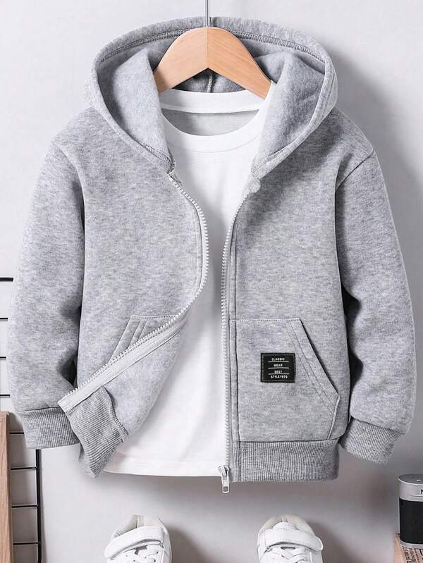 Tween Boy Solid Color Letter Graphic Zip-Up Hoodie Sweatshirt With Pockets, Warm Lining