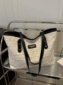 1 件黑色尼龙面料顺滑拉链铆钉镂空图案设计时尚百搭休闲夏季新款小众大容量单肩托特包，适合女士日常使用 - 黑色 - 查看 8