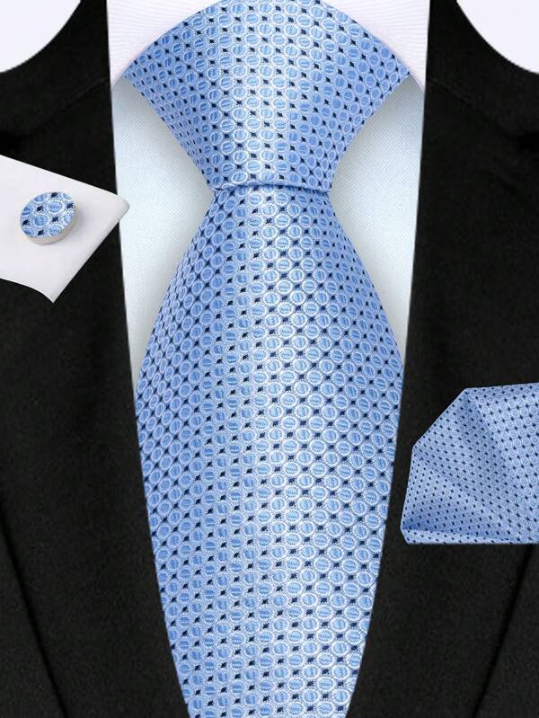 Set 3 buc: cravată circulară în carouri albastre și albe, lățime 8 cm, batistă de buzunar și butoni, set de cravate casual business de înaltă calitate, clasice, la modă, potrivite pentru nuntă, Crăciun, Ziua Tatălui, cadouri de petrecere pentru bărbați