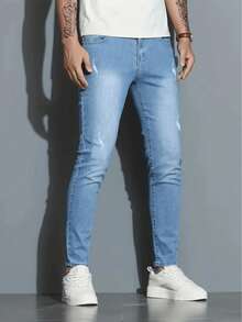Men's Light Blue Stretch Washed Jeans - Blue - View 4