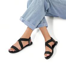 Women's Elastic Ankle Strap Flat Sandals Summer Dressy Shoes Cute Strappy Gladiator Sandals - 純黑色 - 查看 3