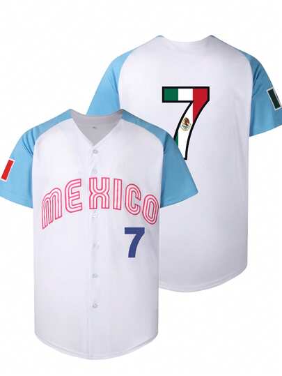 男士宽松 V 领纽扣短袖 #7 白色墨西哥字母刺绣棒球服，适合街头嘻哈、棒球、高尔夫运动训练