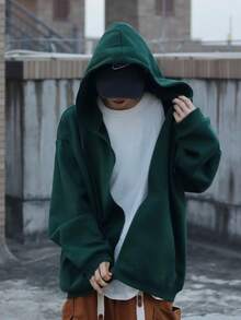 Sweatshirt Open Blouse With Zipper And Hood Cold Winter Plain Coat - Verde militar - Ver 1
