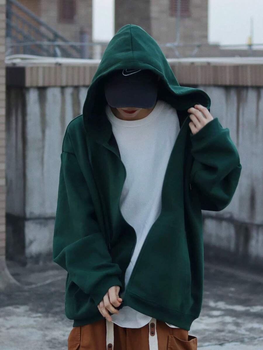Sweatshirt Open Blouse With Zipper And Hood Cold Winter Plain Coat - Verde militar - Ver 1