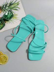 Sandalias planas casuales de color caramelo para mujer, nuevas sandalias con tira simple de verano, zapatos de moda todo a juego para vacaciones y playa - Azul Cadete - Ver 5