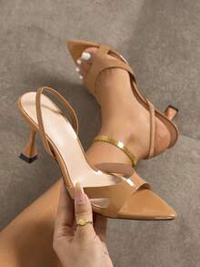 Giày sandal cao gót mũi nhọn quyến rũ, gợi cảm dành cho nữ, có quai ngang mắt cá chân, bề mặt bóng gương sang trọng, phù hợp cho tiệc tùng, các hoạt động ngoài trời, màu be, trang phục mùa xuân hè. - Lạc đà - Xem 2