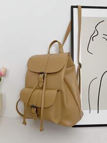 Stylish Black Leather - Like Backpack With Retro Buckle Design For Outings - Khaki - View 1