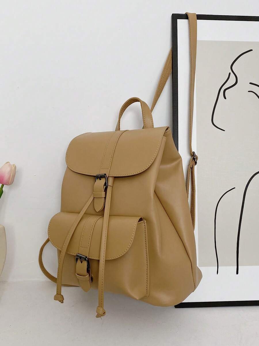 Stylish Black Leather - Like Backpack With Retro Buckle Design For Outings - Khaki - View 1