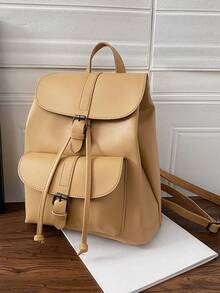 Stylish Black Leather - Like Backpack With Retro Buckle Design For Outings - Khaki - View 4