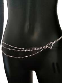 1pc Silver Multilayer Heart Shape Rhinestone Waist Chain, Sexy Fashionable Body Chain For Beach, Party Accessory