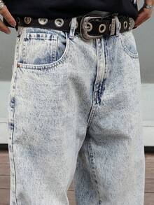 Men's Baggy Straight Jeans Street Style Loose Fit Vintage Denim Pants Full Length Y2K Look Casual No Stretch Blue Wash - 淺色水洗藍 - 查看 7