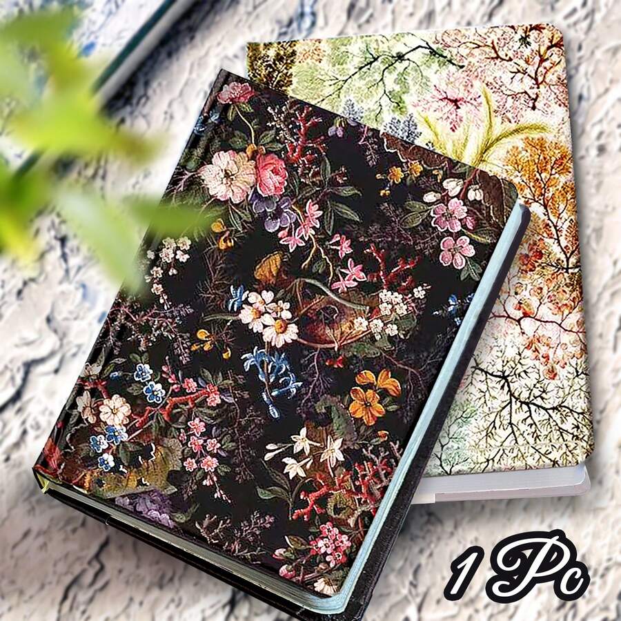 1 件，256 页，花卉复古精装笔记本，镀金日记本，花卉复古手册，彩色页面，DIY 剪贴簿，便携式笔记本，旅行日记本，完美礼物，办公室，学校，女士礼物