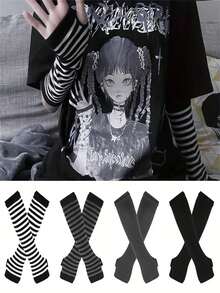 1 Pair Y2K Punk Striped Knit Fingerless Gloves, Elastic UV Protection Mid-Length Gloves, Suitable For Outdoor, Driving, Traveling, Harajuku Style Summer - Multicolor - View 1